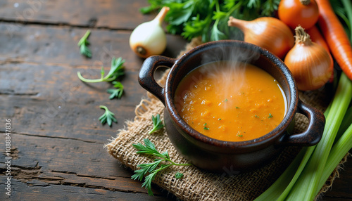 Rustic soup background, textured wooden surface with hand-arranged soup ingredients like onions, carrots, and celery around a steaming pot, earthy and natural