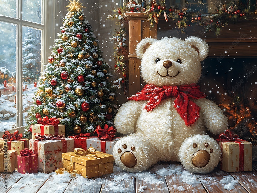 Stuffed Bear by Christmas Tree Stuffed Bear by Christmas Tree