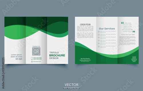 leaflet template. Green trifold brochure with waves. For printing