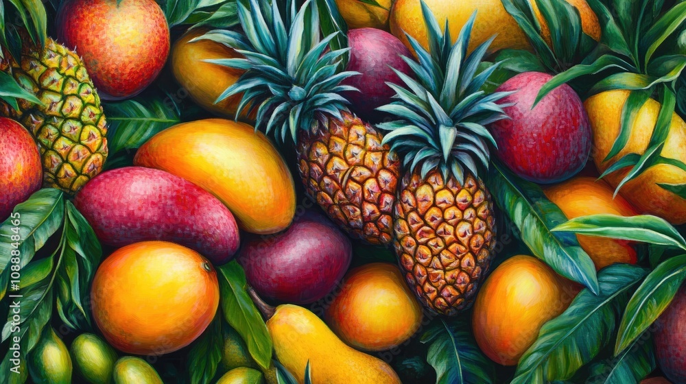 Vibrant Tropical Fruits Painting With Mangos And Pineapples Vibrant Tropical Fruits Painting With Mangos And Pineapples