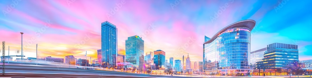 A vibrant cityscape of Illinois at dusk, showcasing the iconic landmark with high-rise buildings . The sky is painted with hues of blue and purple as the sun sets behind them, casting long shadows A vibrant cityscape of Illinois at dusk, showcasing the iconic landmark with high-rise buildings . The sky is painted with hues of blue and purple as the sun sets behind them, casting long shadows
