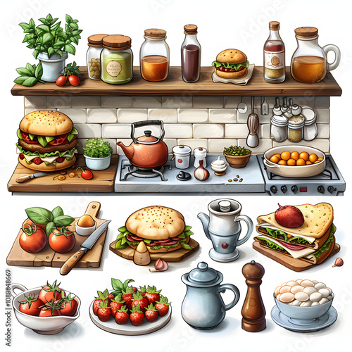 kitchen elements. food cooking equipment crockery and ingredients. coffee maker stove spoon knife. vegetables sandwiches pizza cookie vector big set with a white accent, cinematic, png photo