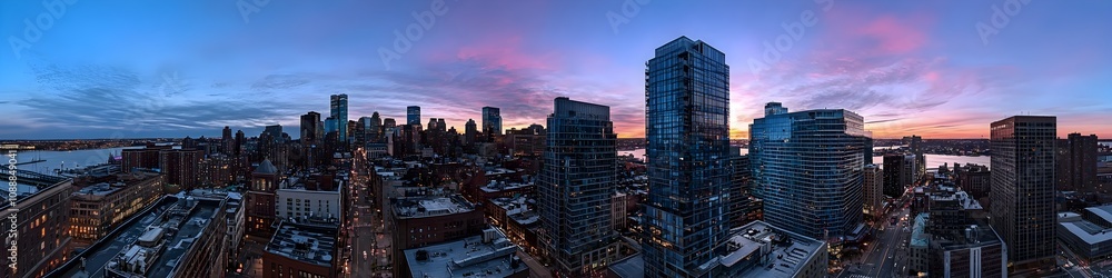 Obraz premium A vibrant cityscape of Massachusetts at dusk, showcasing the iconic landmark with high-rise buildings . The sky is painted with hues of blue and purple as the sun sets behind them