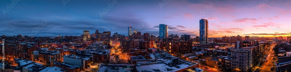 Fototapeta premium A vibrant cityscape of Massachusetts at dusk, showcasing the iconic landmark with high-rise buildings . The sky is painted with hues of blue and purple as the sun sets behind them