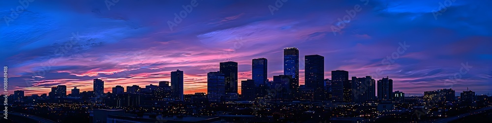 A vibrant cityscape of Massachusetts at dusk, showcasing the iconic landmark with high-rise buildings . The sky is painted with hues of blue and purple as the sun sets behind them A vibrant cityscape of Massachusetts at dusk, showcasing the iconic landmark with high-rise buildings . The sky is painted with hues of blue and purple as the sun sets behind them
