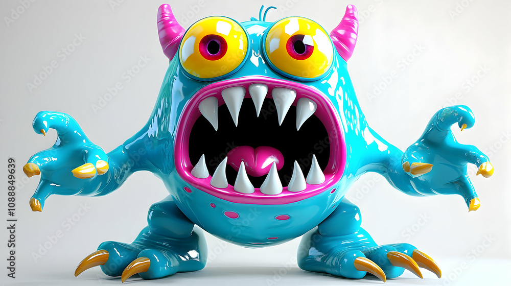 3D Render of a Playful Cyan Monster with Sharp Claws and Wide Open Mouth, Showing Large Yellow Eyes and Pink Tongue, Against a White Background. 3D Render of a Playful Cyan Monster with Sharp Claws and Wide Open Mouth, Showing Large Yellow Eyes and Pink Tongue, Against a White Background.