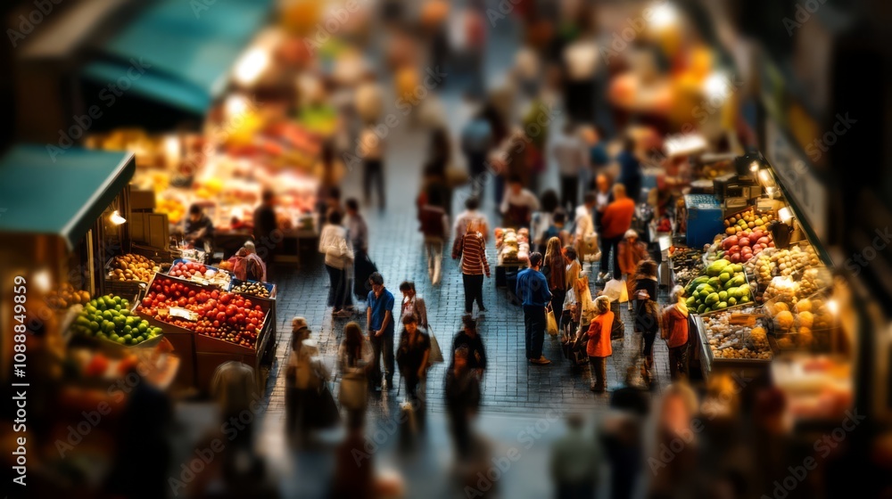 Aerial view of bustling marketplace with shoppers and vendors. Aerial view of bustling marketplace with shoppers and vendors.