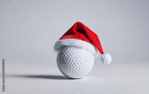 White golf ball wearing a santa hat for christmas holiday