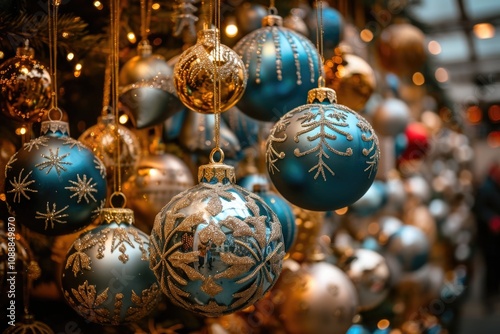 Decorative ornaments hanging from a Christmas tree. The blue and gold balls are embellished with intricate snowflake designs. photo