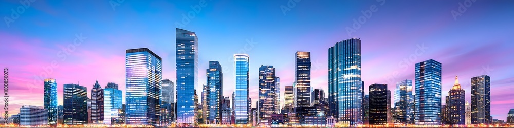 Obraz premium A vibrant cityscape of Massachusetts at dusk, showcasing the iconic landmark with high-rise buildings . The sky is painted with hues of blue and purple as the sun sets behind them
