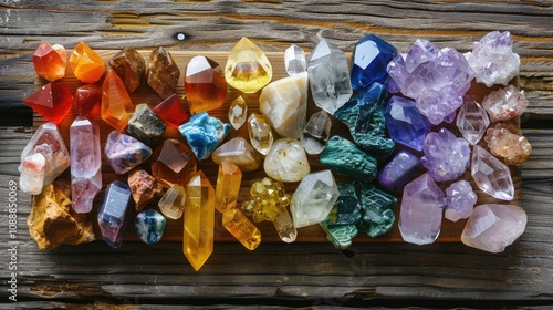 An assortment of colorful crystals for spiritual and energy healing practices.