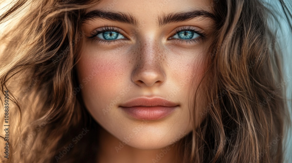Close-up portrait of a young woman with blue eyes and freckled skin Close-up portrait of a young woman with blue eyes and freckled skin
