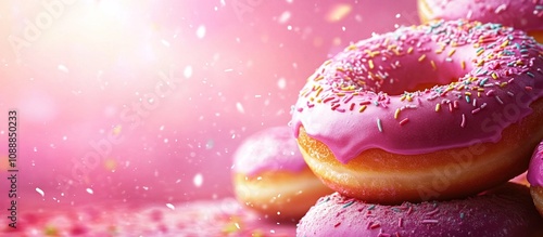 A close-up of colorful donuts with pink icing and sprinkles on a vibrant background.