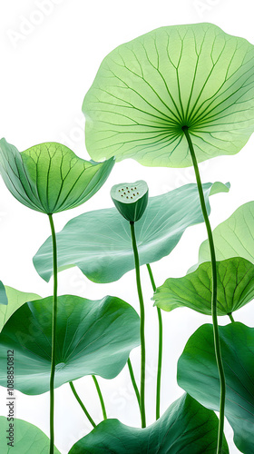 light green lotus leaves, close-up, pure white background, clear details, high definition photography