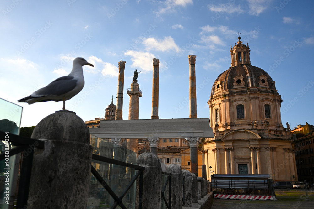 Φωτογραφία The seagull and Church of Santissimo Nome di Maria al Foro Traiano in Rome, Ital