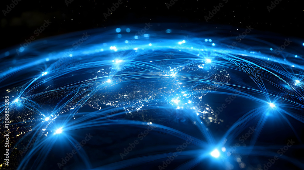 Fototapeta premium Global Network: A 3D Digital Illustration of Interconnectedness Illuminating Earth's Continents with Bright Blue Lines