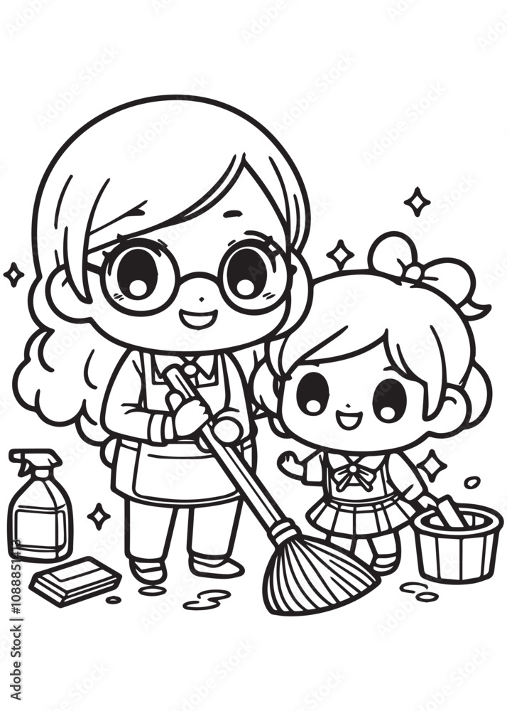 Girl and mom cleaning coloring page design Girl and mom cleaning coloring page design