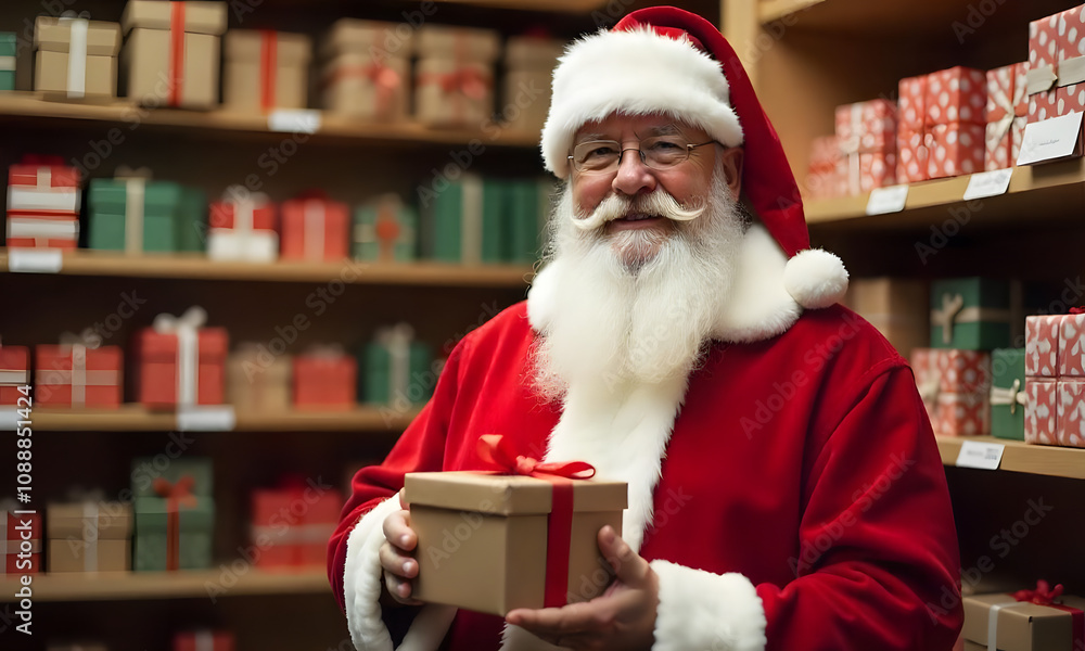 Santa Claus wearing a Santa's red suit and grey beard holds a wrapped Christmas gift with a red bow 