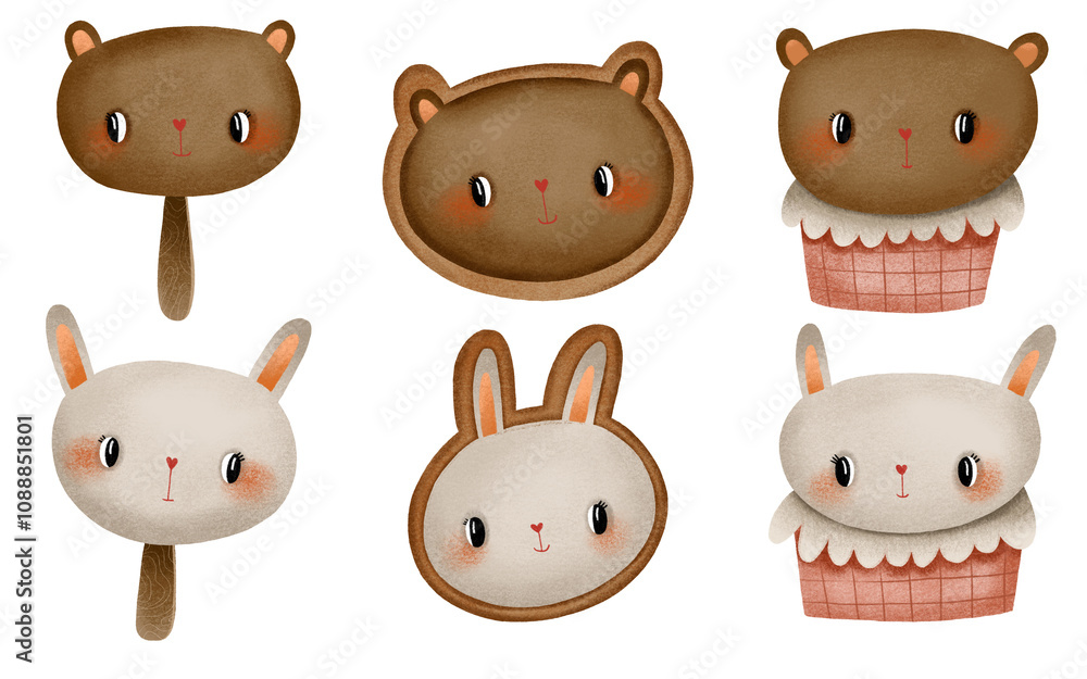 Fototapeta premium Cartoon bear and bunny face cookie, ice craem and cake. Easter bakery hand drawn illustration. Kids art
