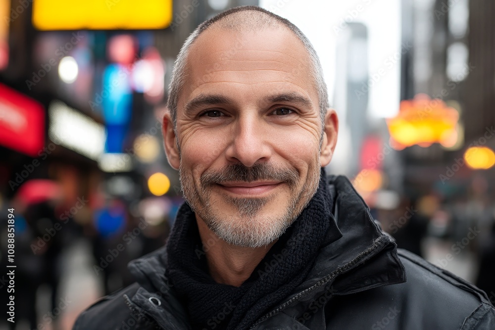 Man smiling confidently in a bustling city square during daytime with vibrant signs and crowds in the background Man smiling confidently in a bustling city square during daytime with vibrant signs and crowds in the background