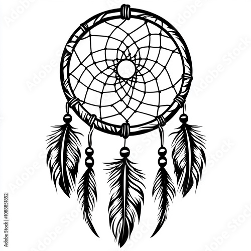 Black and white illustration of a dream catcher with feathers and beads.