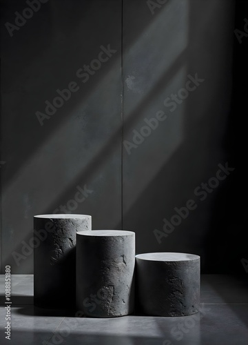 Image, photography, natural textures, highly realistic light, editorial, several columns podium black stone.