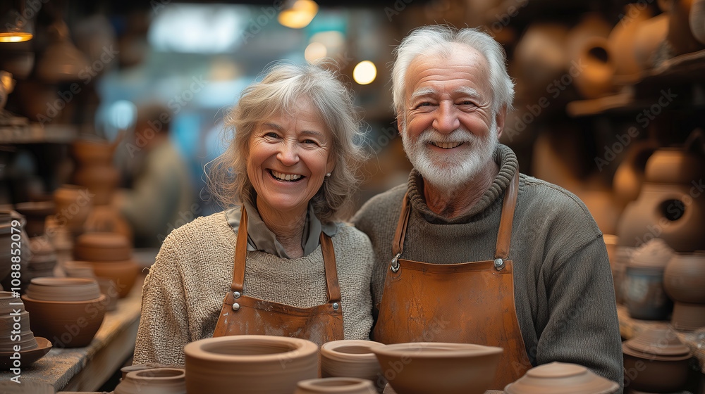 Elderly couple smiles at pottery studio while showcasing handcrafted clay creations in a warm and inviting environment. Generative AI Elderly couple smiles at pottery studio while showcasing handcrafted clay creations in a warm and inviting environment. Generative AI