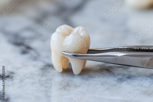 A human tooth held in dental forceps, symbolizing the tooth extraction process and the significance of dental care photo