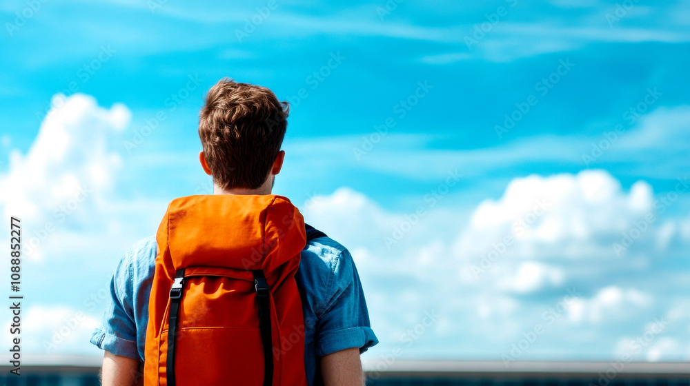 A traveler gazes at a vast sky, embodying adventure and exploration with a vibrant orange backpack.