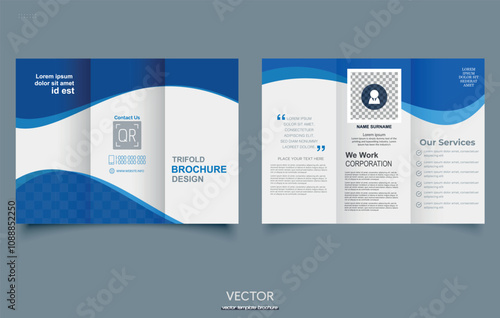leaflet template. Blue trifold brochure with waves.