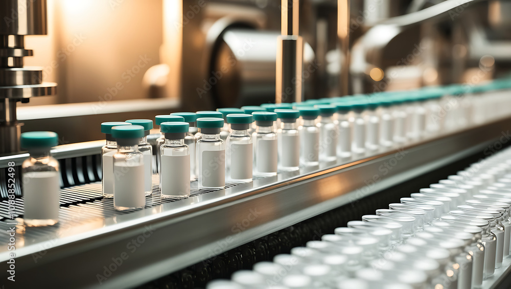 Close-Up View of Vials or Vessel Filling on a Pharmaceutical Production Line for Precision Medicine Packaging Close-Up View of Vials or Vessel Filling on a Pharmaceutical Production Line for Precision Medicine Packaging