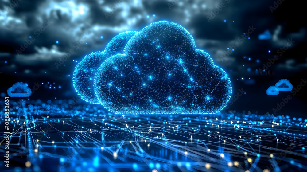 Abstract 3D Cloud Network: Digital Data Flows and Connections Across a Glowing Network, Illustrating Modern Technology and Connectivity. Abstract 3D Cloud Network: Digital Data Flows and Connections Across a Glowing Network, Illustrating Modern Technology and Connectivity.