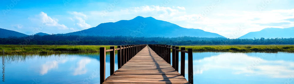 A serene wooden pier stretches into a calm lake, framed by lush greenery and distant mountains under a clear blue sky. A serene wooden pier stretches into a calm lake, framed by lush greenery and distant mountains under a clear blue sky.
