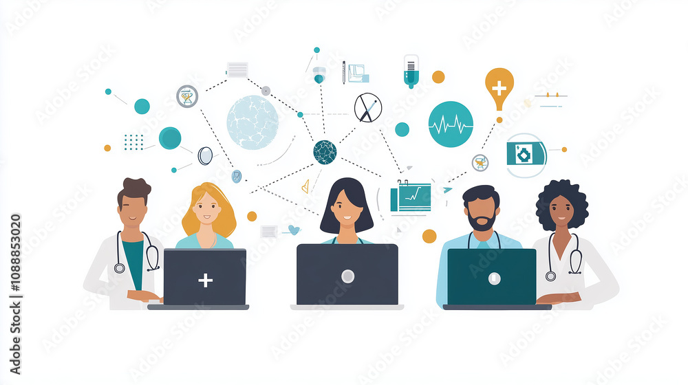 2D illustration of Team of Professionals Across the Globe Using Laptops to Innovate in Healthcare Industry 2D illustration of Team of Professionals Across the Globe Using Laptops to Innovate in Healthcare Industry
