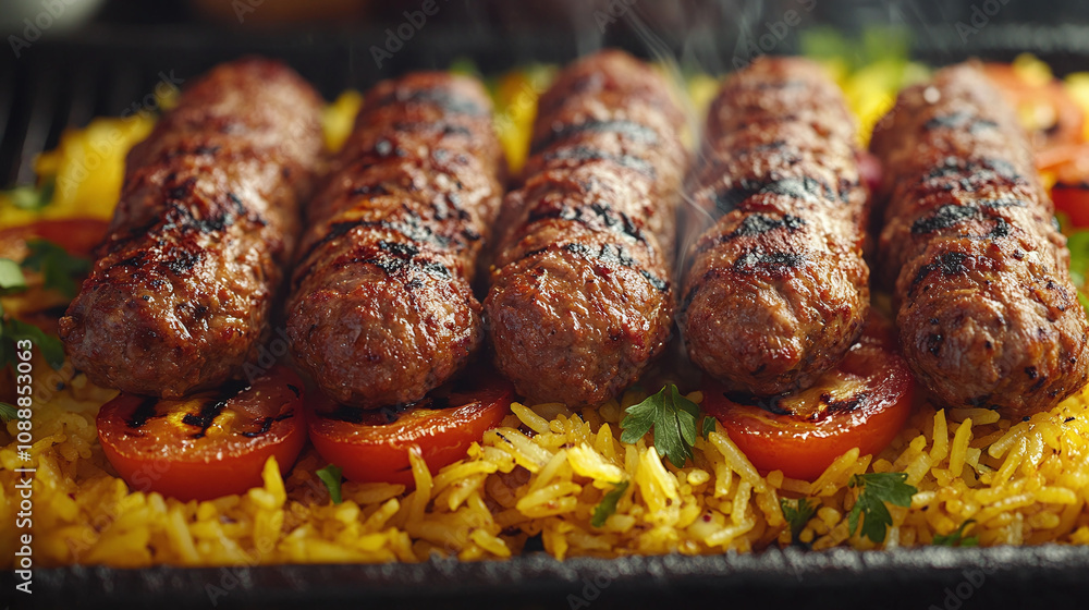 Chelow kebab on rice. Chelow kebab on rice.
