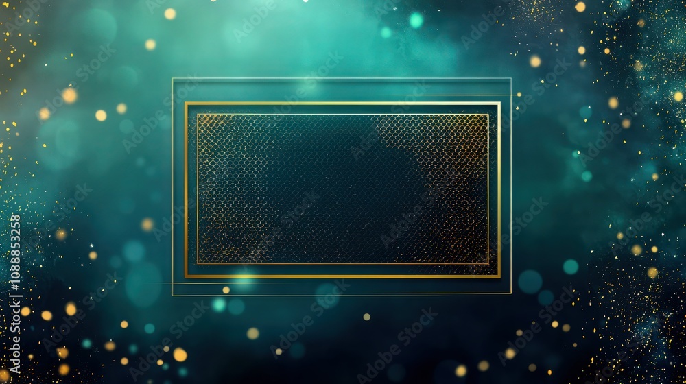 Obraz premium Glowing turquoise and dark teal background featuring scattered golden bokeh particles surrounding a central rectangular frame for digital media announcements.