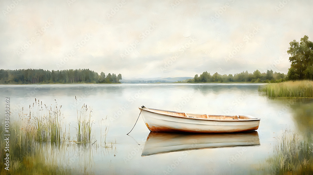 charming little boat on calm lake surrounded by lush greenery, reflecting tranquility and serenity in nature charming little boat on calm lake surrounded by lush greenery, reflecting tranquility and serenity in nature