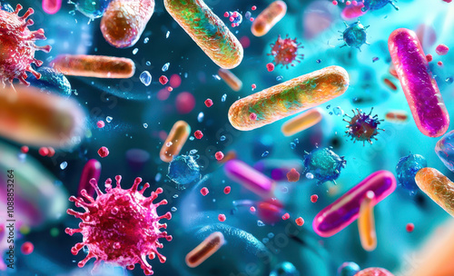 A colorful image of bacteria and viruses floating in the air
