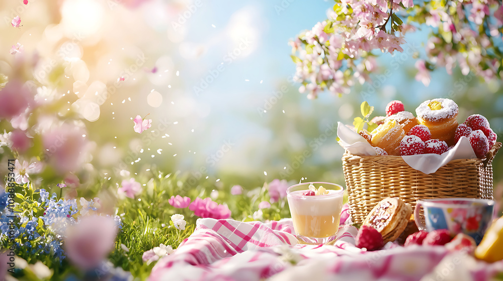 charming picnic scene featuring basket filled with fresh fruits, pastries, and dessert, surrounded by blooming flowers and sunny atmosphere charming picnic scene featuring basket filled with fresh fruits, pastries, and dessert, surrounded by blooming flowers and sunny atmosphere