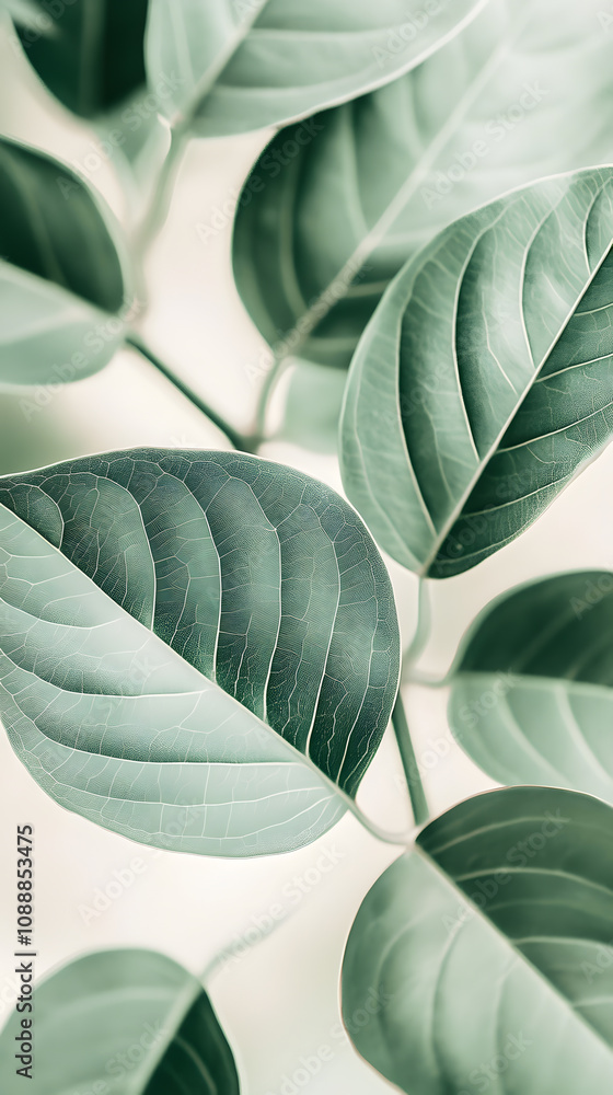 Obraz premium close up photo of green leaves, pastel soft colors, minimalistic design, smooth curves, delicate pastels, macro photography