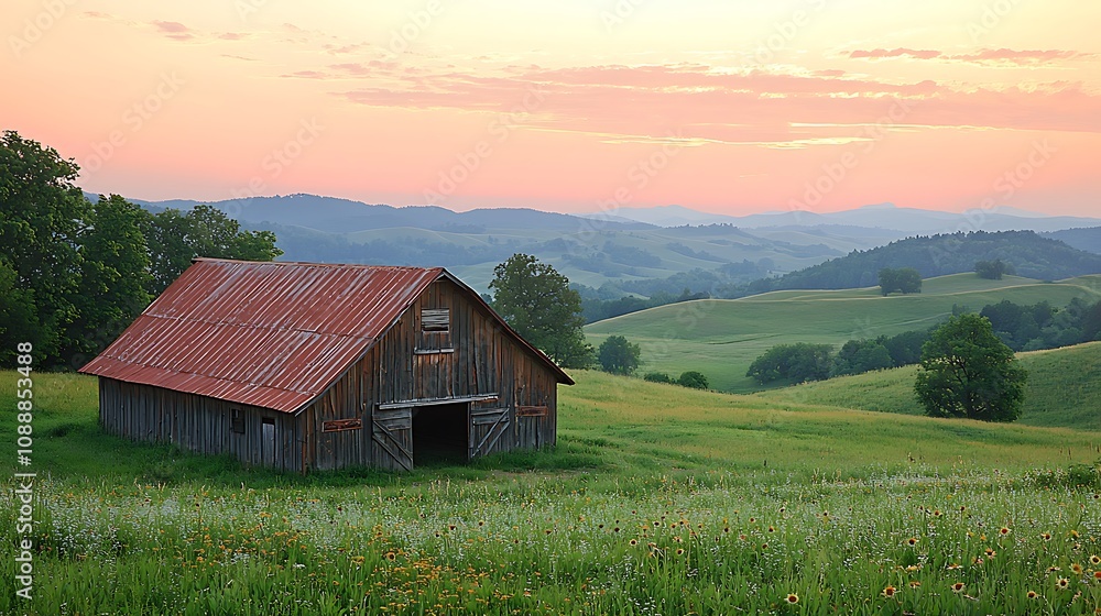 Rustic Barn Stands in Vibrant Meadow at Sunrise, Rolling Hills Landscape Serenity at Dawn Rustic Barn Stands in Vibrant Meadow at Sunrise, Rolling Hills Landscape Serenity at Dawn