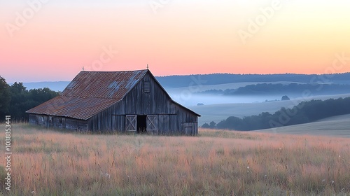 Rustic Barn Stands in Misty Field at Sunrise, Serene Landscape Painting, Peaceful Countryside Dawn