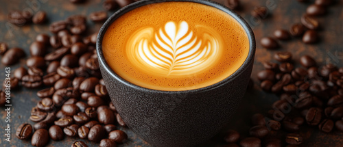 Close-up of a cup of latte with latte art surrounded by coffee beans photo