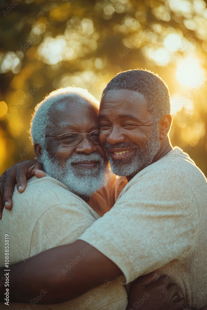 Fototapeta premium A heartwarming scene of a young man embracing an older gentleman, both sharing smiles and warmth under the bright sun.