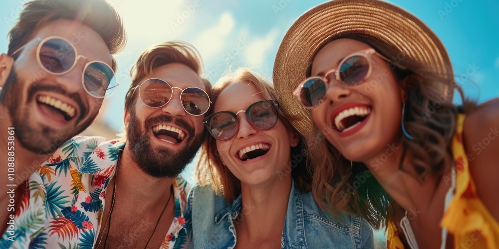 Friends enjoying a sunny day at the beach, smiling and laughing together. Friends enjoying a sunny day at the beach, smiling and laughing together.