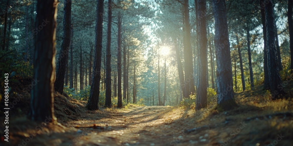 Obraz premium Sunlit forest trail with rays of sun shining through the trees creating a warm glow. Path is well-trodden and inviting.