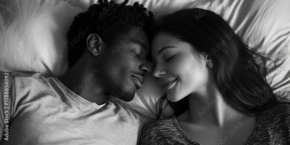 Man and woman in bed, sharing a tender moment. Man and woman in bed, sharing a tender moment.