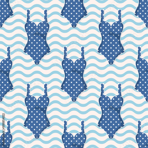 Blue women polka dot swimsuits on wavy background. Vector seamless pattern.