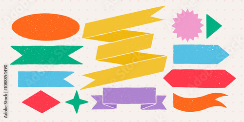 Retro ribbon banners and shapes in rough rustic style. Hand drawn vintage textured badges, banners, ribbon, flags, and other design elements. Hand-drawn infographic Vector collection