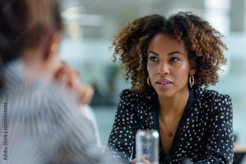 African American woman in a business suit participating in an interview or meeting. African American woman in a business suit participating in an interview or meeting.